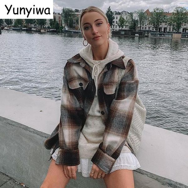 

women's jackets women brown plaid thick coats jacket loose long sleeves pocket 2021 ladies elegant autumn winter coat 3r7, Black;brown