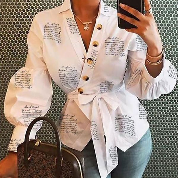

letters printed wrap kimono womens shirts bandage v neck buttons lantern sleeve white office fashion lady 2xl blusas