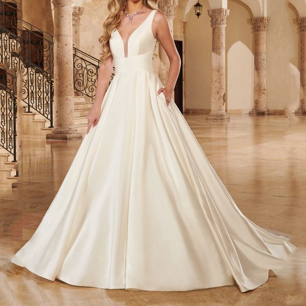 

ivory satin wedding dress sheer neckline sweep train bridal gowns with side pockets, White