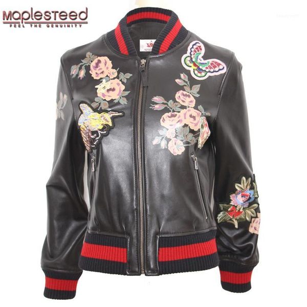 

100% sheepskin women leather jacket embroidery for black coat ladies baseball spring m118 women's & faux