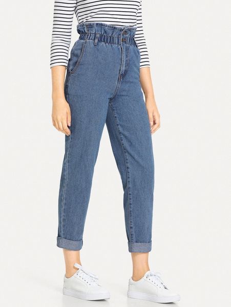 

high waisted rolled hem mom jeans 51vl#, Blue