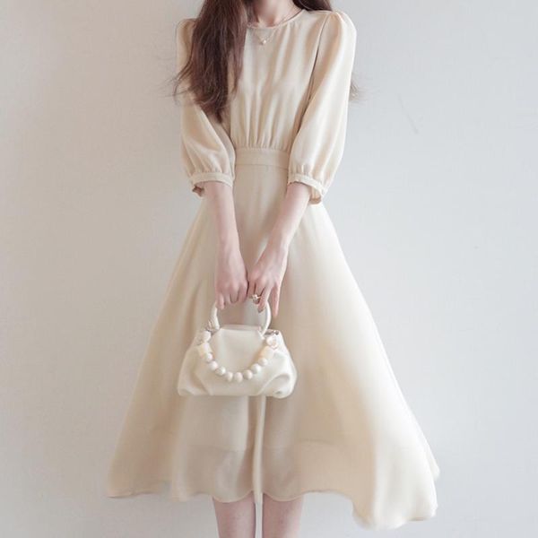 

casual dresses elegant women female solid puff sleeve office ladies chiffon sundress a-line vintage summer vestido de mujer, Black;gray