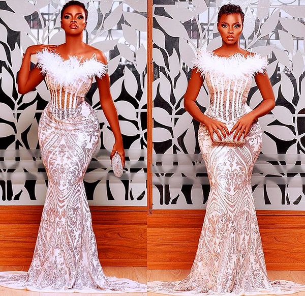 

2021 plus size arabic aso ebi mermaid sparkly prom dresses lace beaded feather evening formal party second reception gowns dress zj377, Black