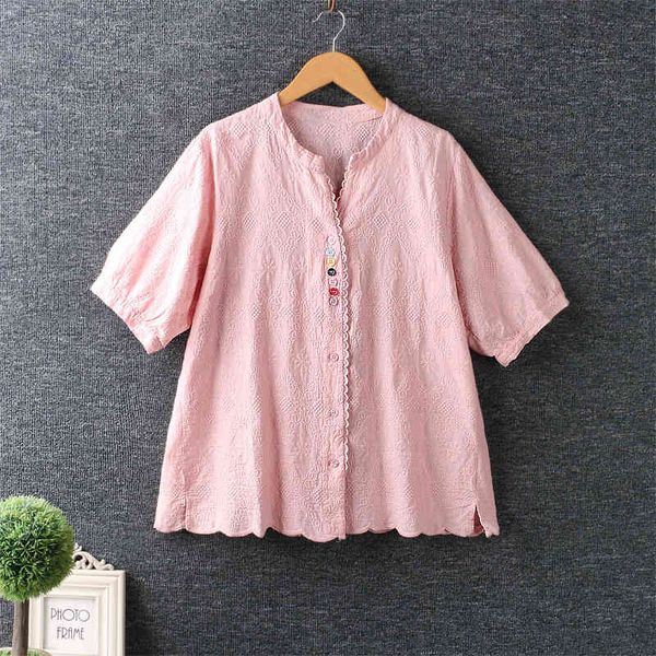 

women's blouses & shirts lamtrip full geometric embroidery colorful buttons short sleeve cotton white shirt 2021 summer lcf3