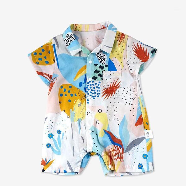 

jumpsuits summer baby bodysuit comfortable cartton pattern printed cotton short sleeve turn down collar shirt boy clothing, Blue