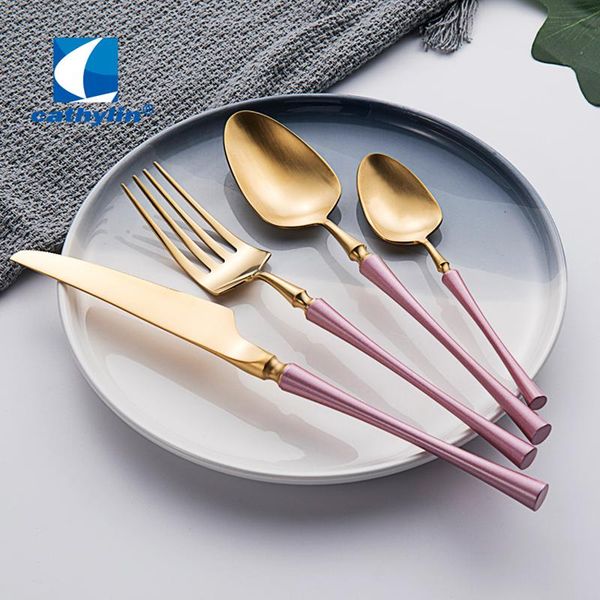 

18/10 tainless steel flatware set colorful spoons forks knives gold plated cutlery dinnerware tableware 4pcs/set st0263 sets