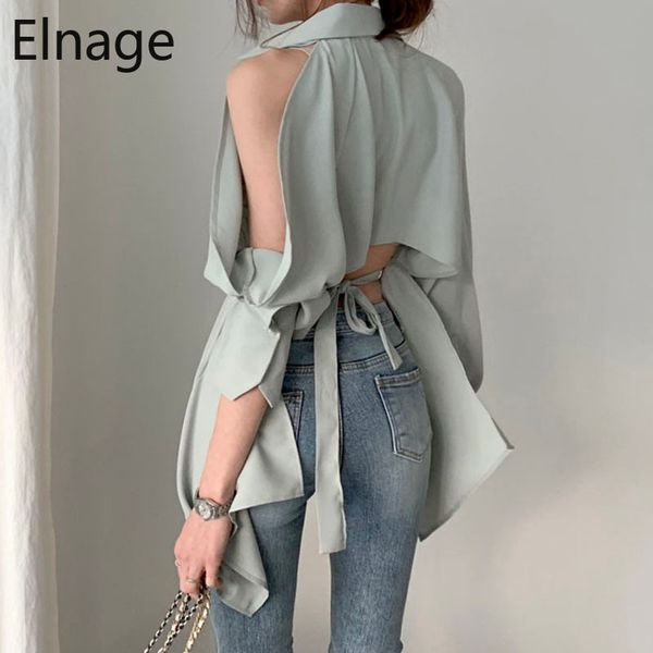 

korean style open back solid long sleeve blouse ol shirts irregular off shoulder lace up slim vintage blusas mujer 5b205 210429, White