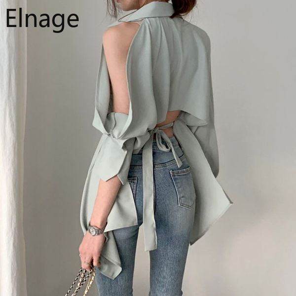 Estilo coreano aberto de volta sólida manga comprida blusa ol camiseta irregular sexy fora ombro lace up magro vintage blusas mujer 5b205 210429