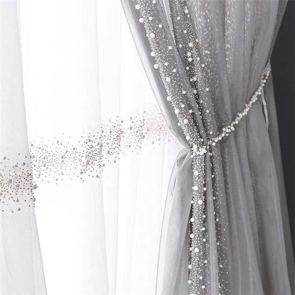 

white pearl embroidered tulle curtain for living room grey luxury voile beads lace balcony window tenda drapes decor &