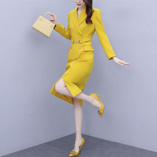 

casual dresses women 2021 spring autumn elegant notched collar office dress female long sleeve ladies slim bodycon pencil vestidos y202, Black;gray