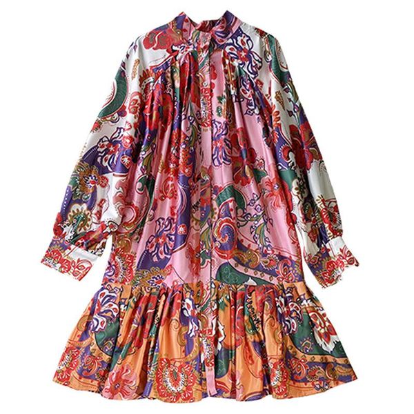 

casual dresses designer luxury women dress long sleeve stand collar female slim floral printed runway evening party wear n54, Black;gray