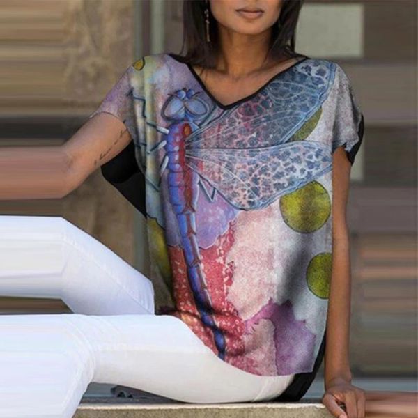 

women's t-shirt 4# vintage t-shirts harajuku casual loose shirts v-neck abstract dragonfly print short-sleeved plus size, White