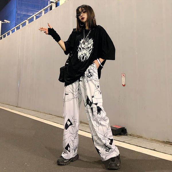 

dark white loose cool girl women capris harajuku high waist hip hop womens pants black female cargo gothic jogger sweatpants, Black;white