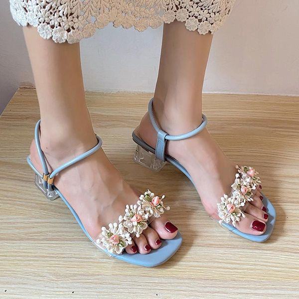 

fairy rose pearl clear band slingback women sandals transparent high heels shoes slippers slip on flower sandalias 2021, Black