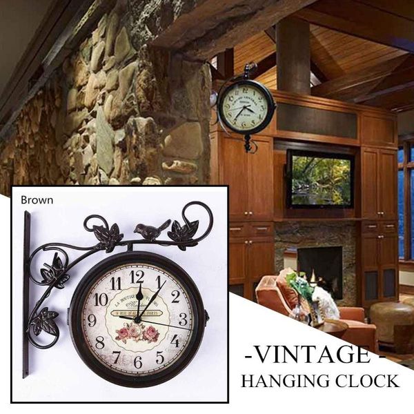 

wall clocks brown vintage double sided metal iron frame glass clock station hanging garden decor