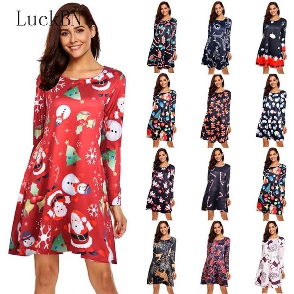 

casual dresses christmas dress women clothing fashion o-neck long sleeve autumn winter year festival family party slim print vestidos 2021, Black;gray