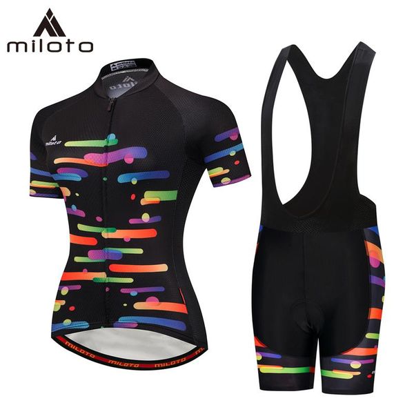 

racing sets miloto women summer cycling jersey set mountain bike clothes ropa ciclismo bib short bicycle wear sleeve suits, Black;blue