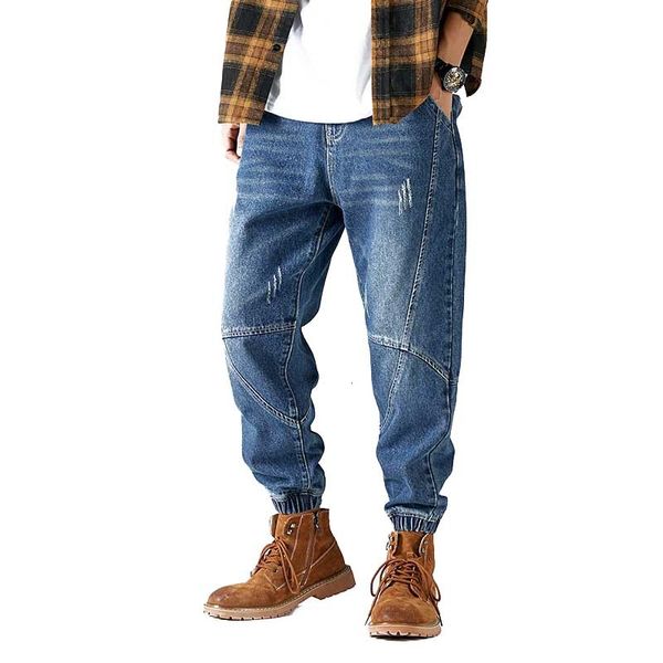 

jeans trendy harem joggers men casual loose baggy denim pants hip hop patchwork trousers man clothing plus size jeans, Blue