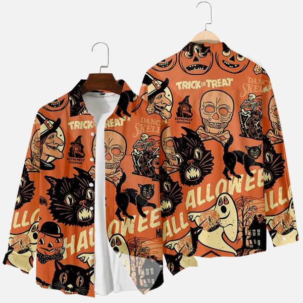 

men's casual shirts 2021 autumn halloween cat printed men long sleeve loose turn-down-collar streetwear, White;black