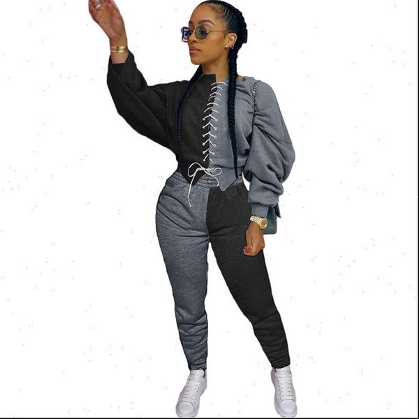 

patchwork two piece set winter women tracksuits sportswear sweatshirt sweatpants sweat suits outfit sets matching, Gray