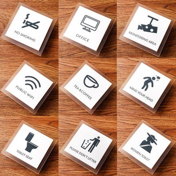 Adesivos de parede acrílica sinalização de aviso de lugares públicos banheiros wc fumando wi -fi sand sinabro office placa de endereço personalizada placas de porta outro hardware