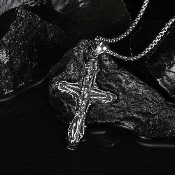 

men's stainless steel cross skull necklace personality jesus men chain motorcycle party women punk cool jewelry pendant necklaces, Silver