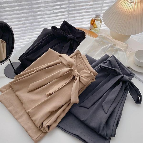 

women's pants & capris elegant temperament drawstring bow woman autumn 2021 fashion tide feminino pantalones solid high waist wide leg, Black;white