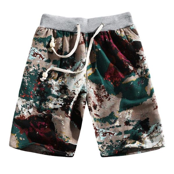 

men's summer casual ethnic style printed loose linen straight elastic waist beach shorts pants surffing l413a, White;black