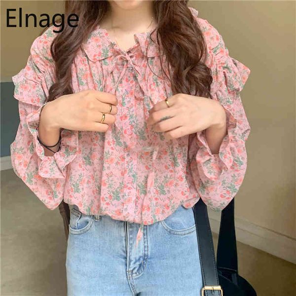 

spring korean fashion pleated fungus elegant floral chiffon shirts blouse long sleeve female pink cute clothes 5a422 210429, White