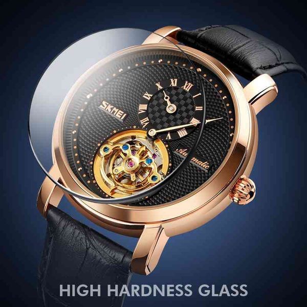 

men automatic clock skmei fashion mechanical s gyro decoration leather band relogio masculino, Slivery;brown