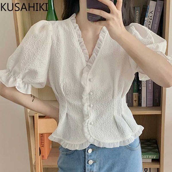 

kusahiki korean floral women shirts mesh ruffle patchwork blouse sweet puff sleeve v-neck slim waist blusas 6j063 210602, White