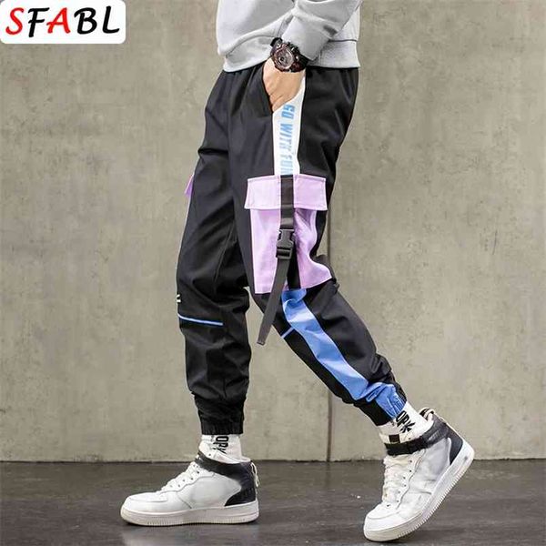 

sfabl big pockets cargo harem pants men ribbons black hip hop men's pants casual joggers trousers fashion male streetwear 210810