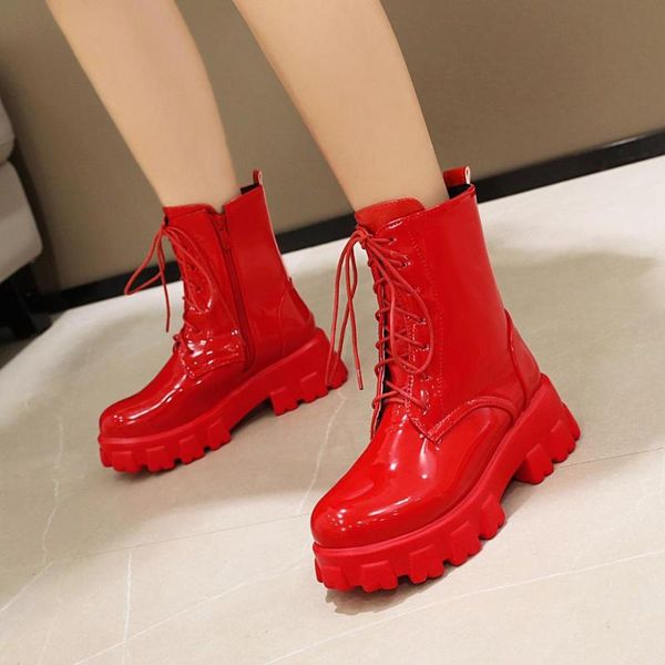 

boots ladies round toe platform lace-up ankle shoes short autumn and winter, Black