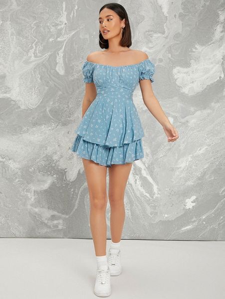 

off shoulder tie back layered romper r23k#, White