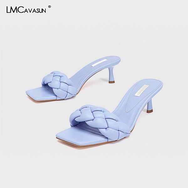 

slippers lmcavasun summer woven 7cm thin heel women slides square toe casual, Black