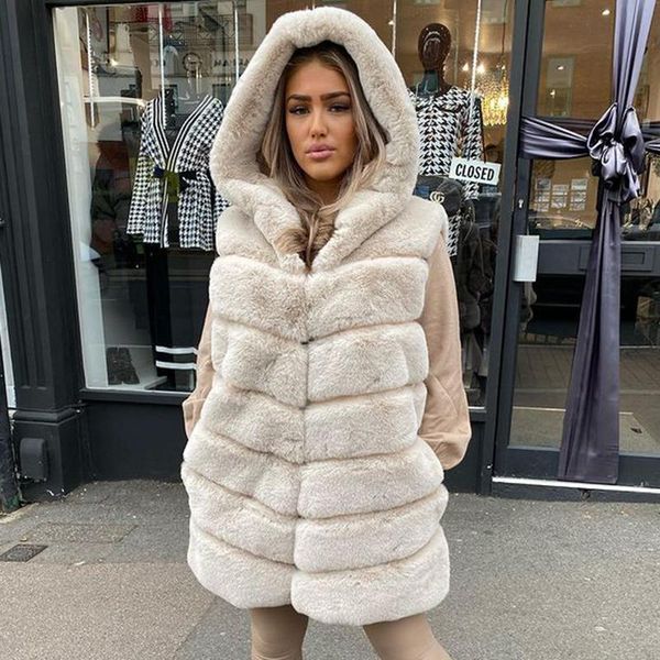 

women's fur & faux agong winter hooded vests women fashion mid length artificial coats elegant solid female ladies, Black