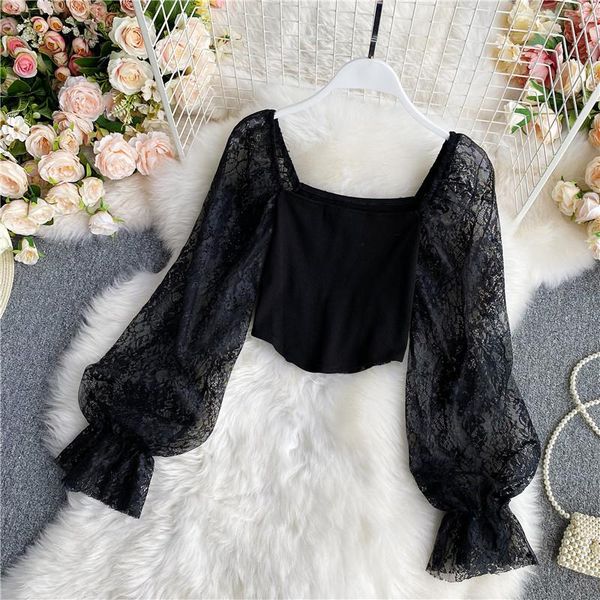 

women's blouses & shirts 2021 spring and autumn wild mesh stitching trumpet sleeve slim short belly button shirt women uk287, White