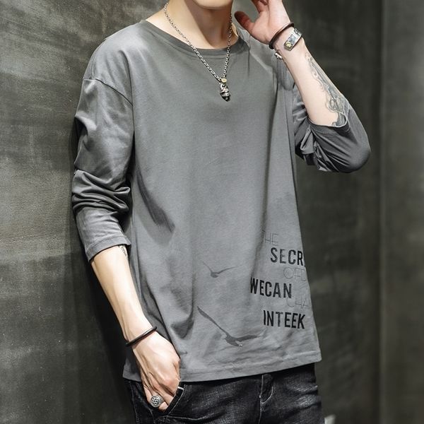 

qfj long sleeve men's t-shirts) 2021 spring pullover pulloverkorean printed t-shirt men's casual round neck, White;black