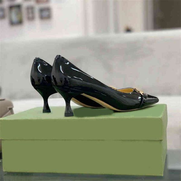 

shoes designer dress women metal buckle patent leather cowhide pointed toe stiletto heel high heels lady spring autumn 7cm heeled boat shoe, Black