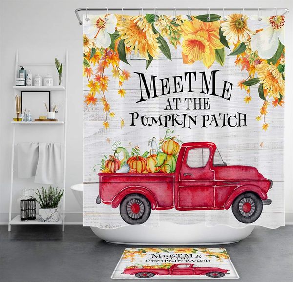 

fall thanksgiving shower curtain autumn farm pumpkin harvest red truck yellow floral bathroom sets with shower curtain and
