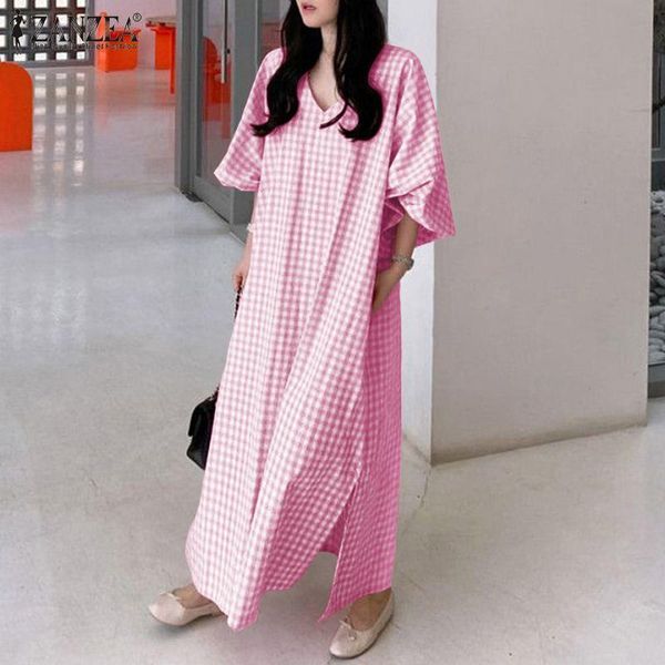 

women'summer sundress zanzea 2021 fashion check maxi dress casual puff sleeve vestidos female v neck side split robe oversized dresses, Black;gray