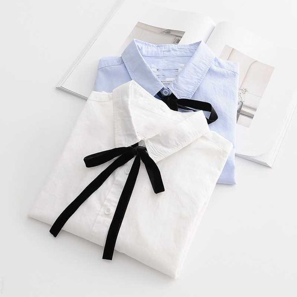 

cotton blouse bow tie design shirt spring flare sleeve turn-down collar fashion woman casual blusas 210601, White