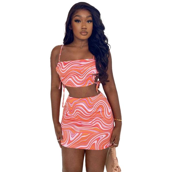 Sexy 2 Piece Outfits Beachwear Bangage Cross Tops Bodycon Mini юбка наборы партии Clubwear Tear Wild Dye Print двух частей наборы оптом x0709