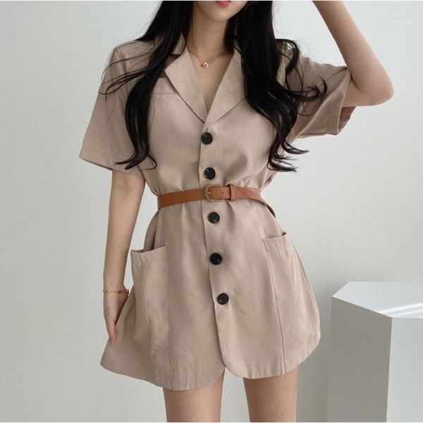 

casual dresses chic notched women short dress summer single-breasted sashes female blazer 2021 sleeve mini vestidos femme, Black;gray