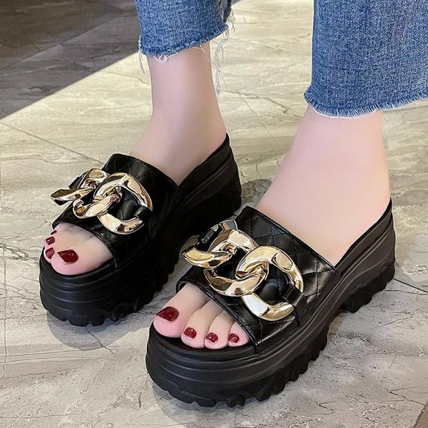 

slippers lucyever summer metal chain wedge women open toe chunky platform slides woman comfortable soft bottom beach shoes, Black