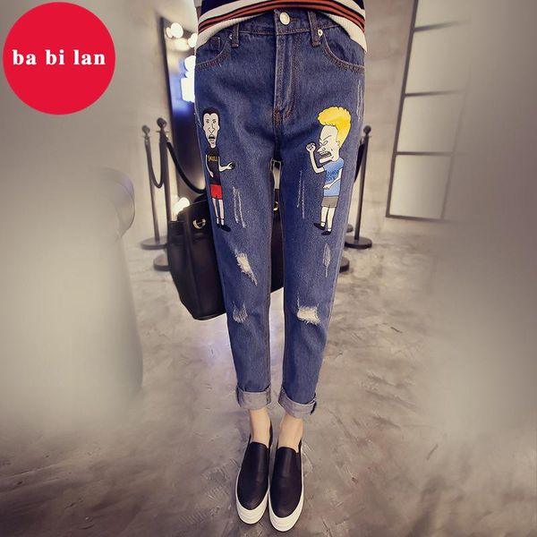 

women's jeans 2021 woman broken cartoon printed pants women spring and autumn zipper printing loose fashion lady denim, Blue