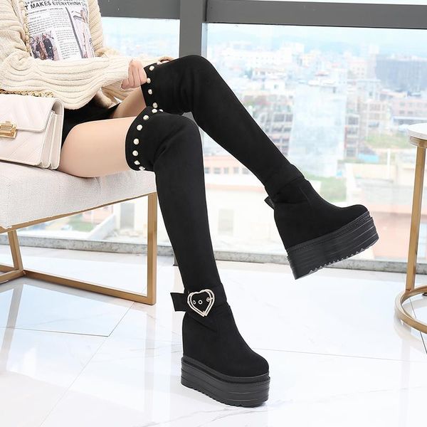 

boots - women's super high heel boots, 14 cm wedge, thick bottom tube above knee, in 2021, Black