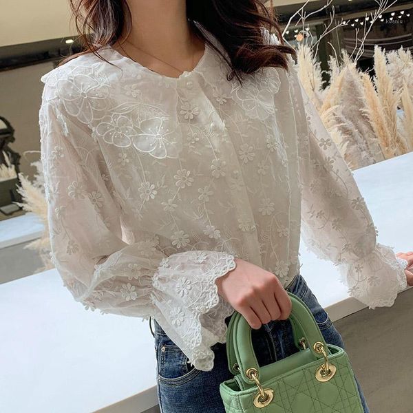 

women's blouses & shirts blusas mujer de moda 2021 long sleeve women lace doll collar blouse shirt womens and, White