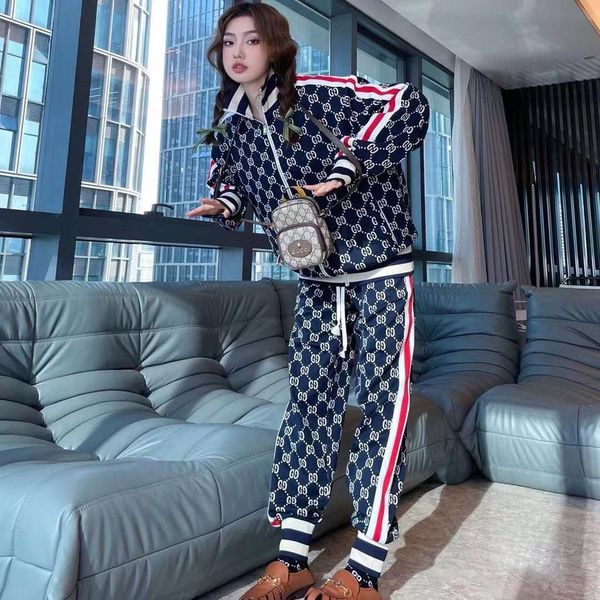 

2021 autumn new letter all over printed long sleeve zipper coat trousers two-piece set female, Gray