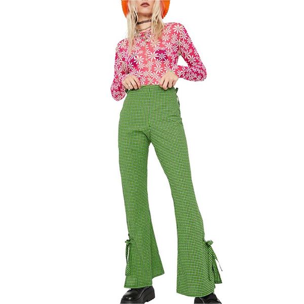 

women's leggings women polyester casual autumn plaid pants drawstring high waist cutout split wide-leg costume green trousers, Black